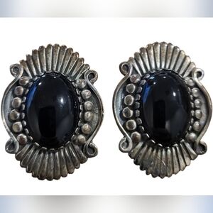 Vintage Angeline Miller Navajo Native American Silver Clip On Onyx Earrings